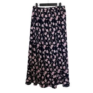 Vintage Sag Harbor Navy Blue with Pink White Floral Print Midi Skirt Size 8